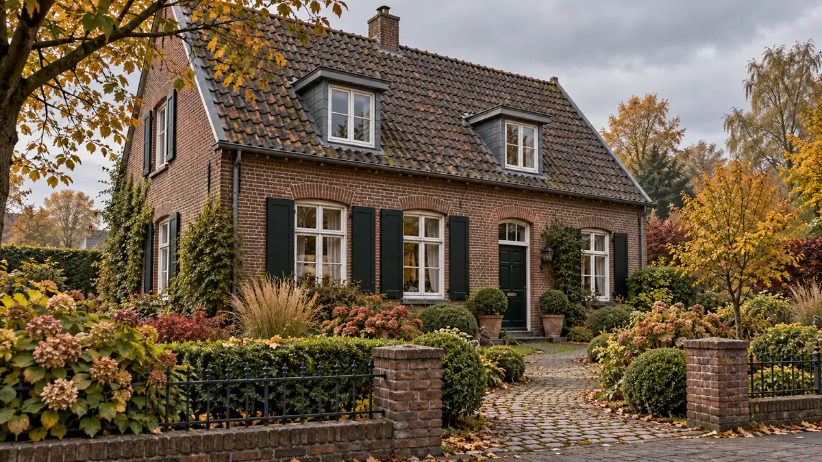 Illustration eines älteren Backsteinhauses mit Ziegeldach, dunklen Fensterläden und herbstlichem Vorgarten