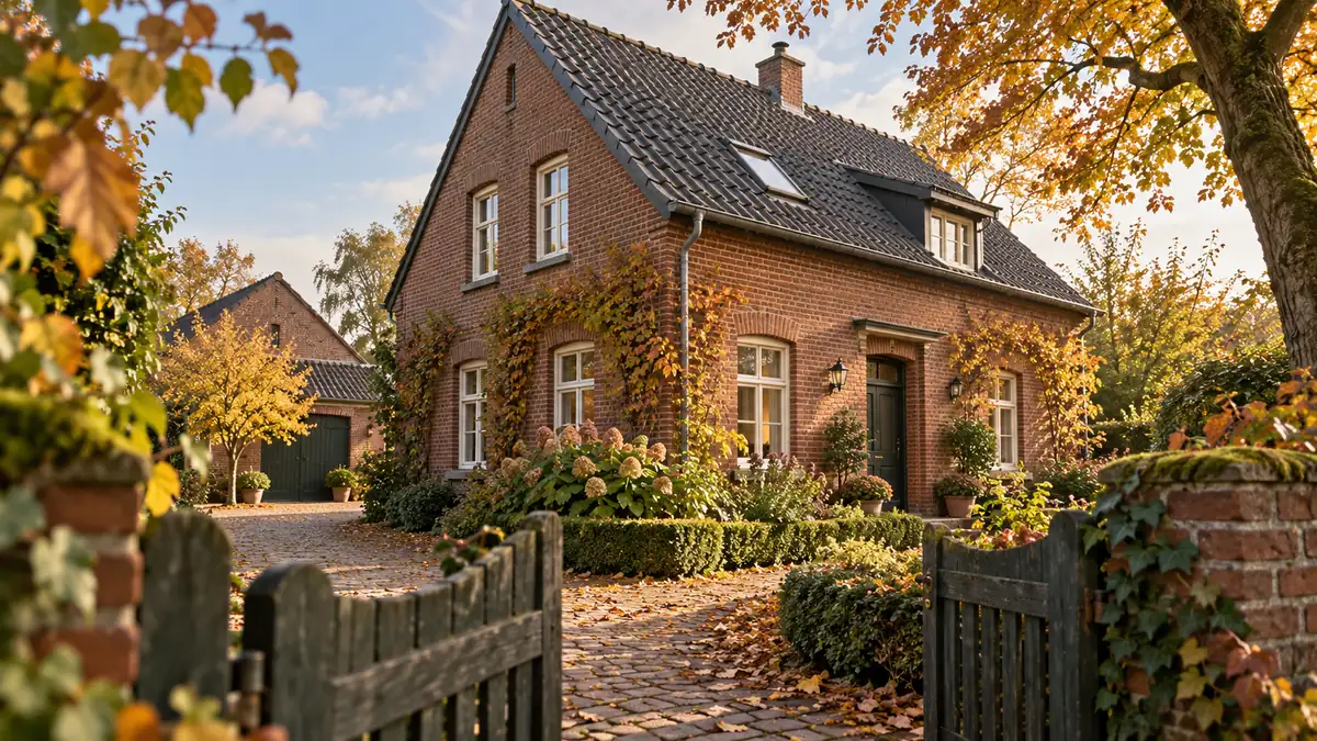 Illustration eines Backsteinhauses mit herbstlichem Vorgarten, gesehen durch ein offenes Holztor