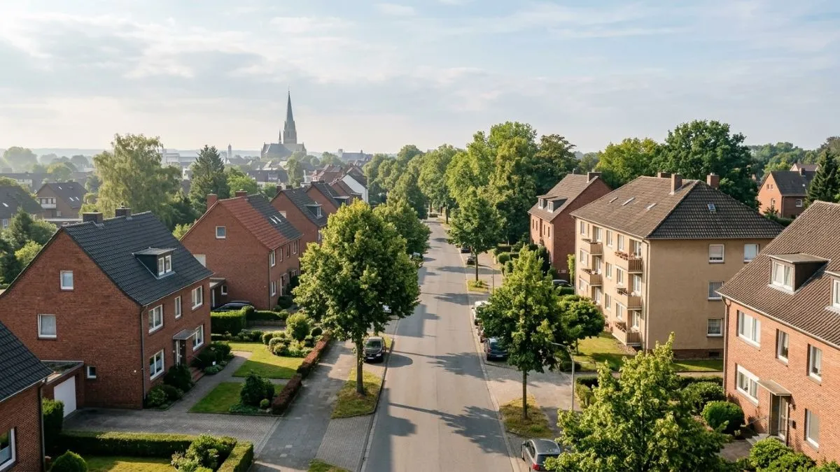 Blick über ein Wohnviertel in Mönchengladbach mit Backsteinhäusern und kleinen Mehrfamilienhäusern