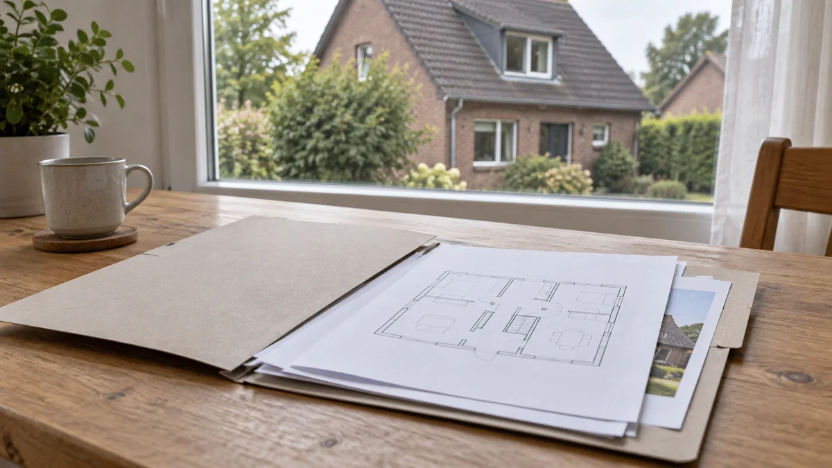 Illustration einer Dokumentenmappe mit Grundriss auf einem Holztisch vor einem Fenster mit Blick auf ein fiktives Backsteinhaus